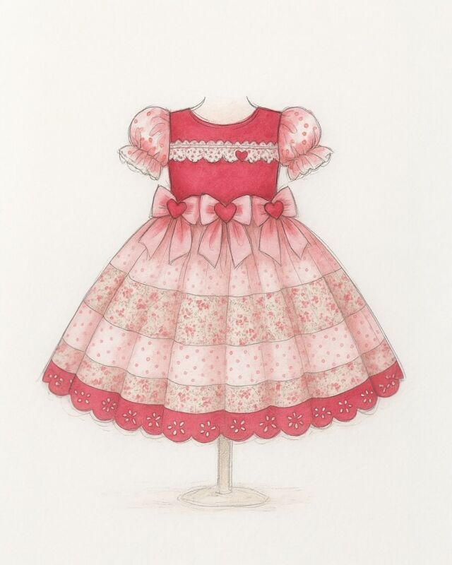Clássico e encantador: nosso vestido junino Bela combina camadas de poá, floral e renda com três laços delicados em destaque, cada um com aplicação de coração. Um modelo pensado para celebrar com elegância e conforto. #amooioeetmila #festajunina #vestidofestajunina